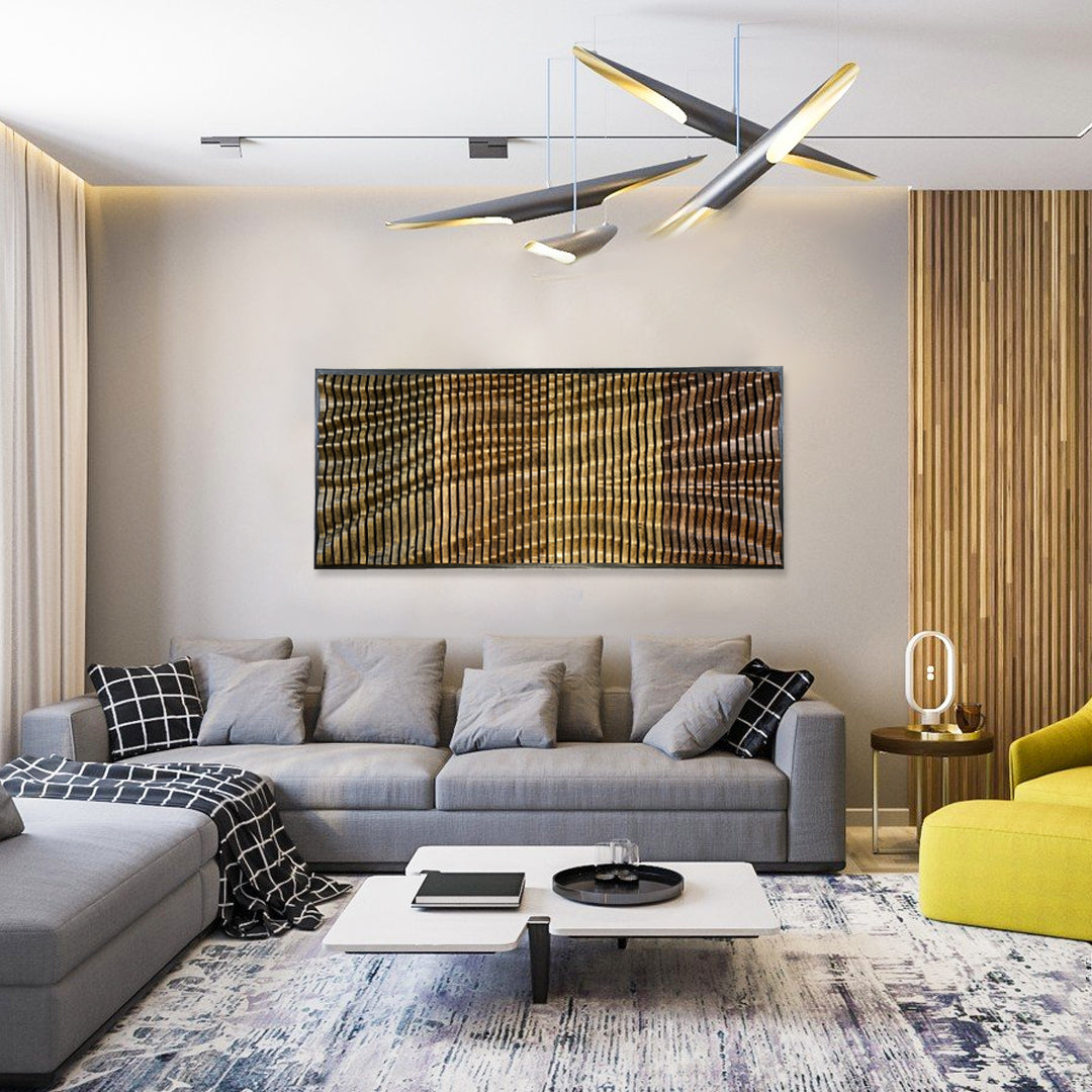 Modern living room with TRAVERSO Wood Wall Art - Parametric Wood Acoustic Panel | Handmade NYC above gray sofa, enhancing acoustic and visual appeal.
