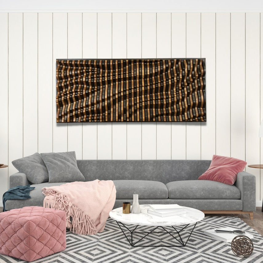 Sculptural solid wood wall art DOMINOS close-up texture detail