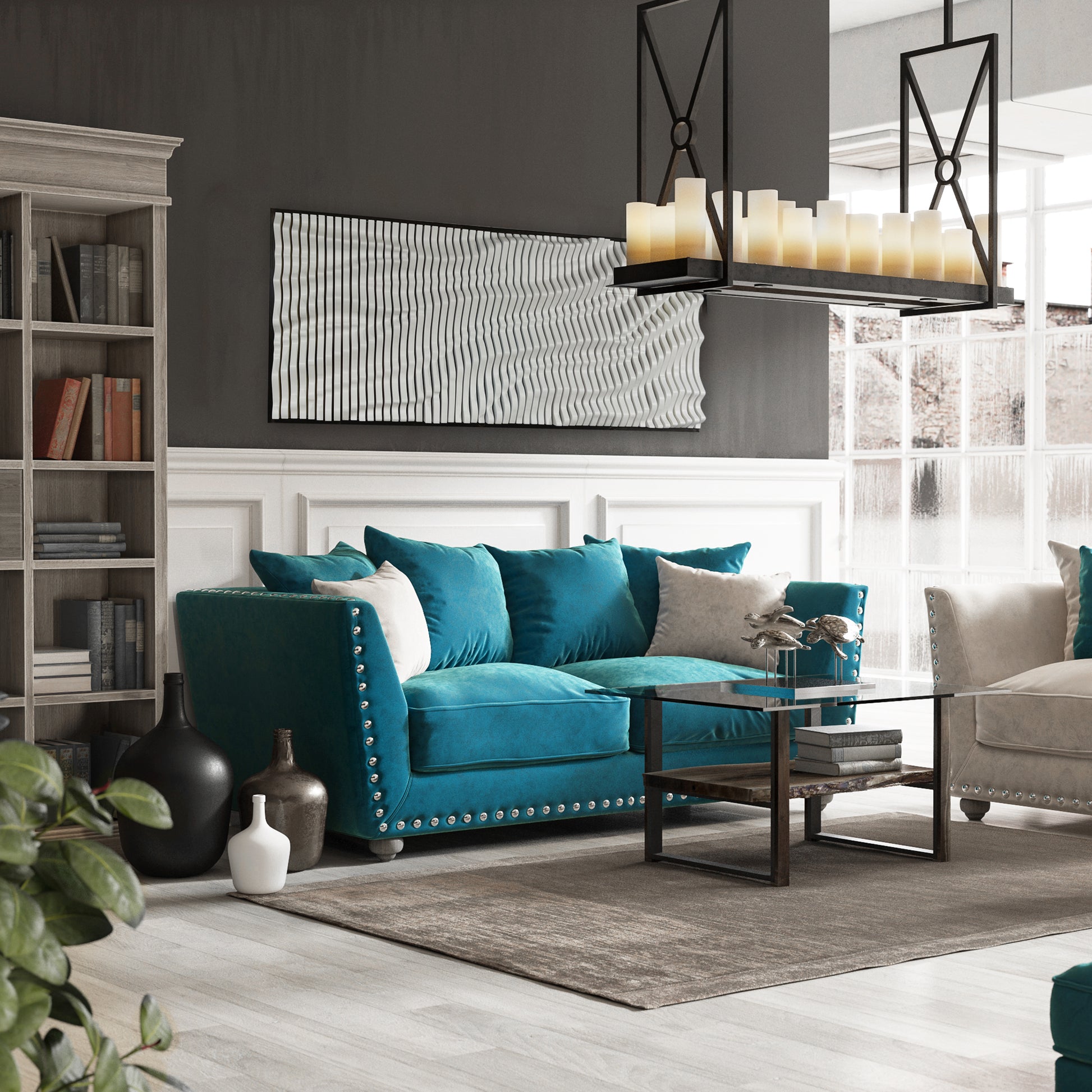 CHELSEA Acoustic Wood Wall Art Panel in a cozy living space with teal sofa, blending modern design with acoustic functionality.