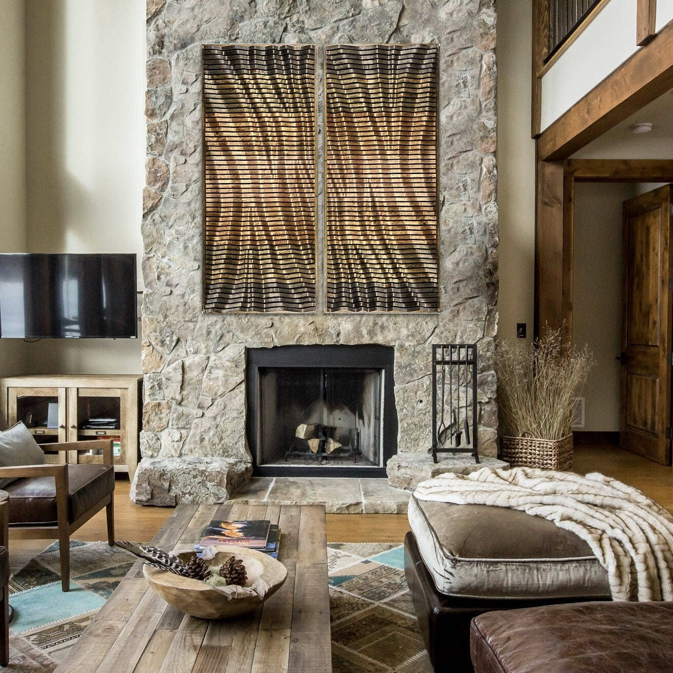 Solid wood sound diffuser wall art panels QUARRY set installed in living room