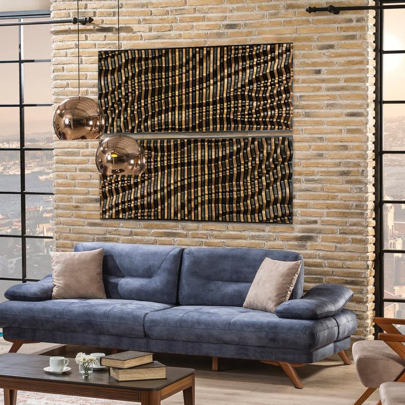 TSUNAMI Parametric Wood Wall Art - Unique Wall Art | 100% Solid Wood panels displayed above a blue velvet sofa in a modern loft with brick walls.