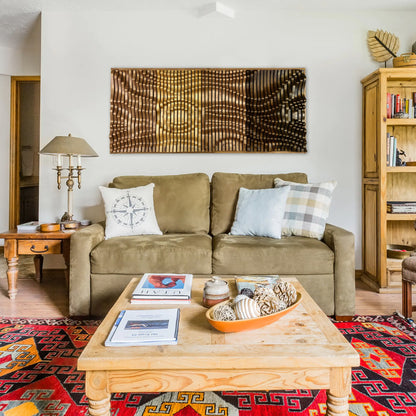 SUNRISE Parametric Wood Wall Art above a cozy couch, blending rustic charm with acoustic functionality in a home setting.