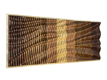 VORTEX Wood Wall Art panel featuring sculptural 3D wave design in solid wood tones, ideal for acoustic enhancement and luxury wall decor.